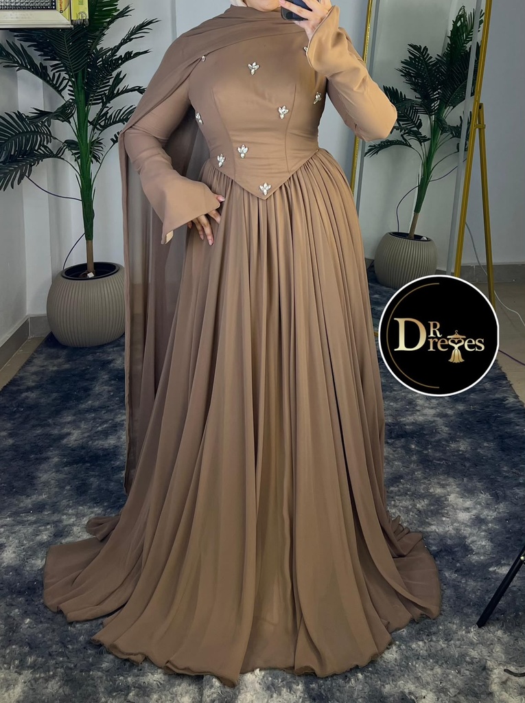 شيفون كافيه وشاح استراس منفوش