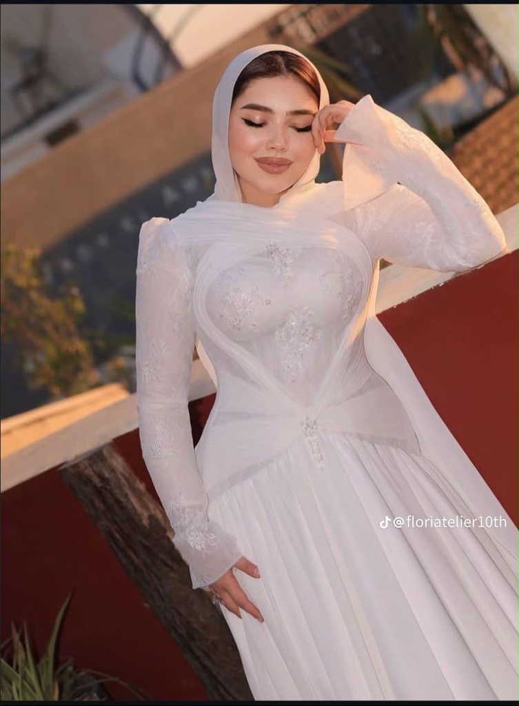 [S-248] شيفون ابيض فهاند دانتيل فوق منفوش